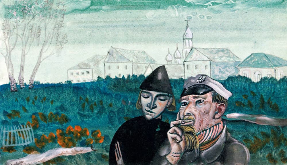 Alyosha stands beside Captain Snegiryov, who holds his fingers to his mouth, with the town behind them.