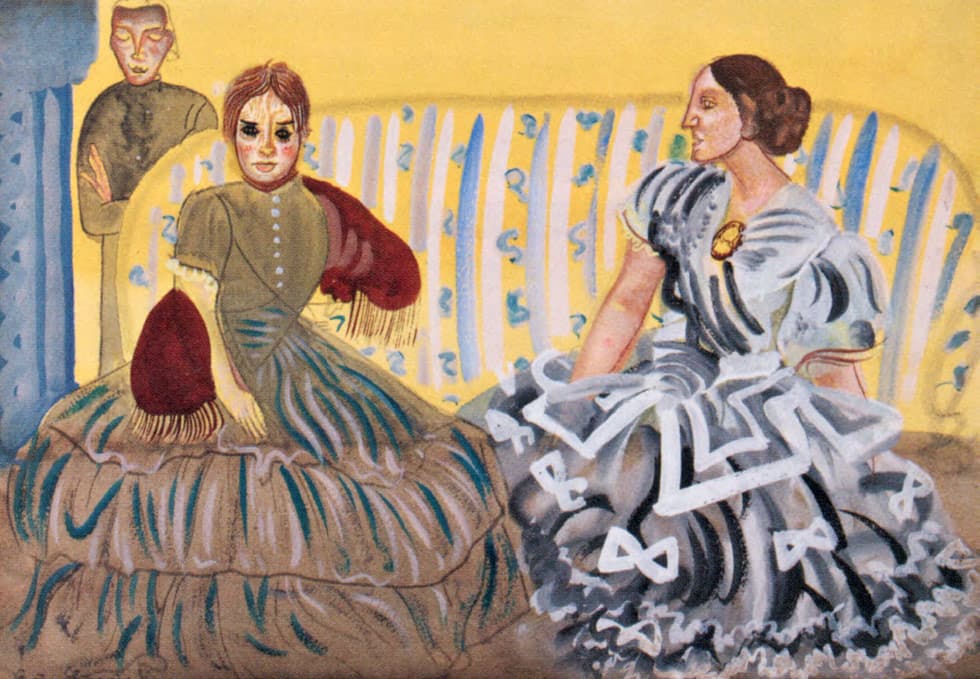 Katerina and Grushenka sit on a striped sofa while Alyosha stands quietly behind them.