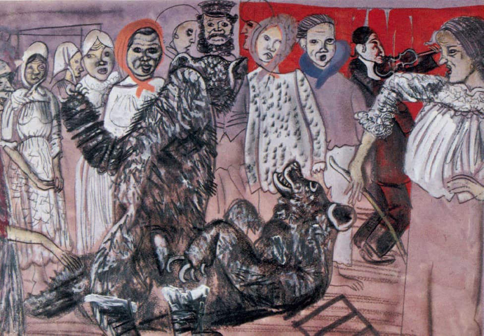 A crowded celebration with musicians and two performers dressed as bears tumbling on the floor.