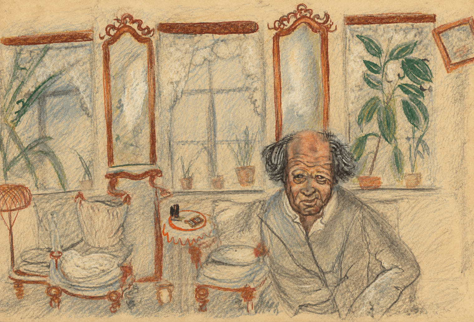 Study of a balding Fyodor in a grey dressing gown, seated amid mirrors, chairs and houseplants.