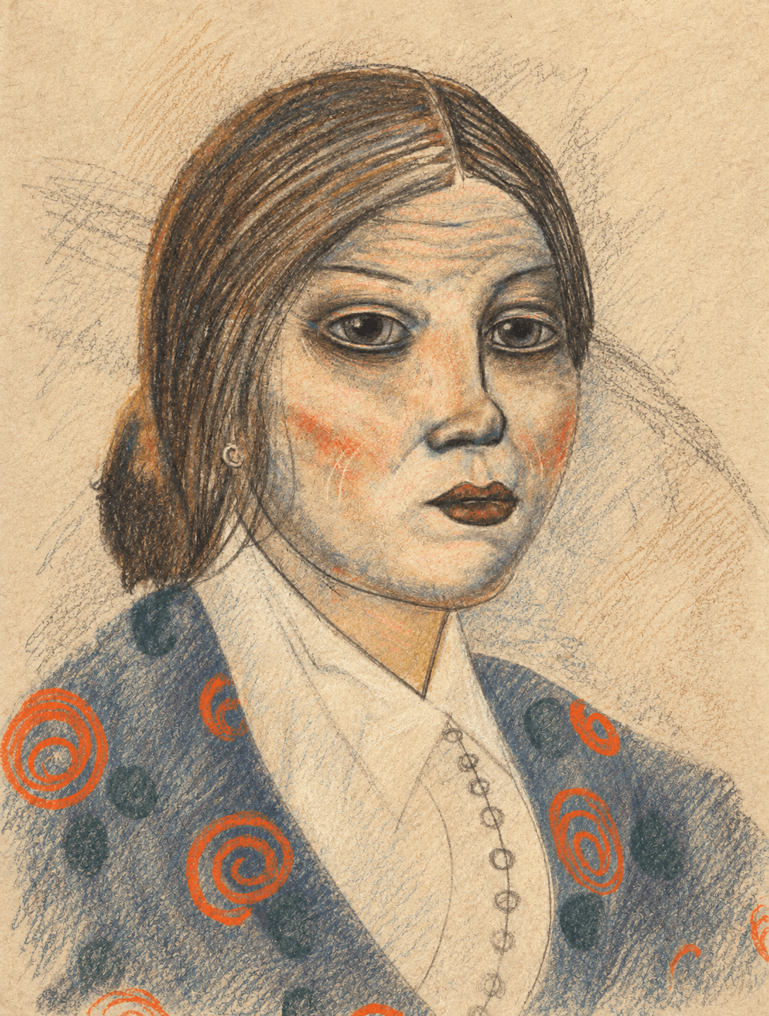 Study of Grushenka with centre-parted brown hair, dark expressive eyes and flushed cheeks, wearing a blue garment patterned with orange spirals.