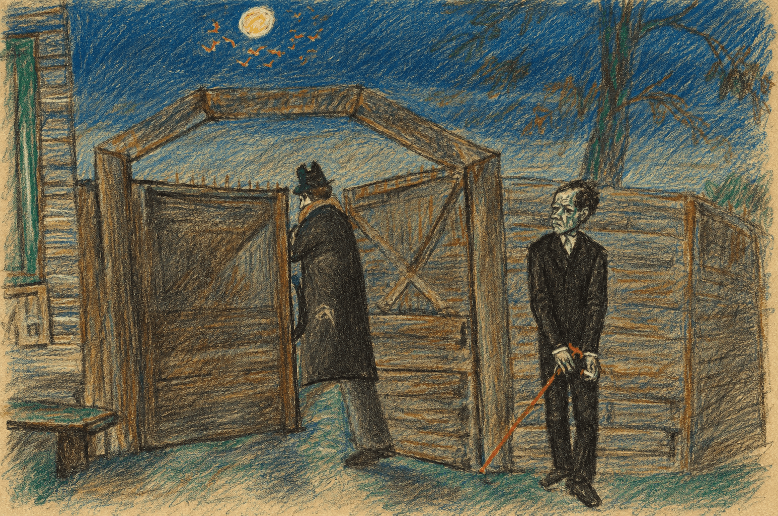Study of Ivan and Smerdyakov at a wooden gate beneath the moon: one man turns through the gate while the other stands beside the fence.