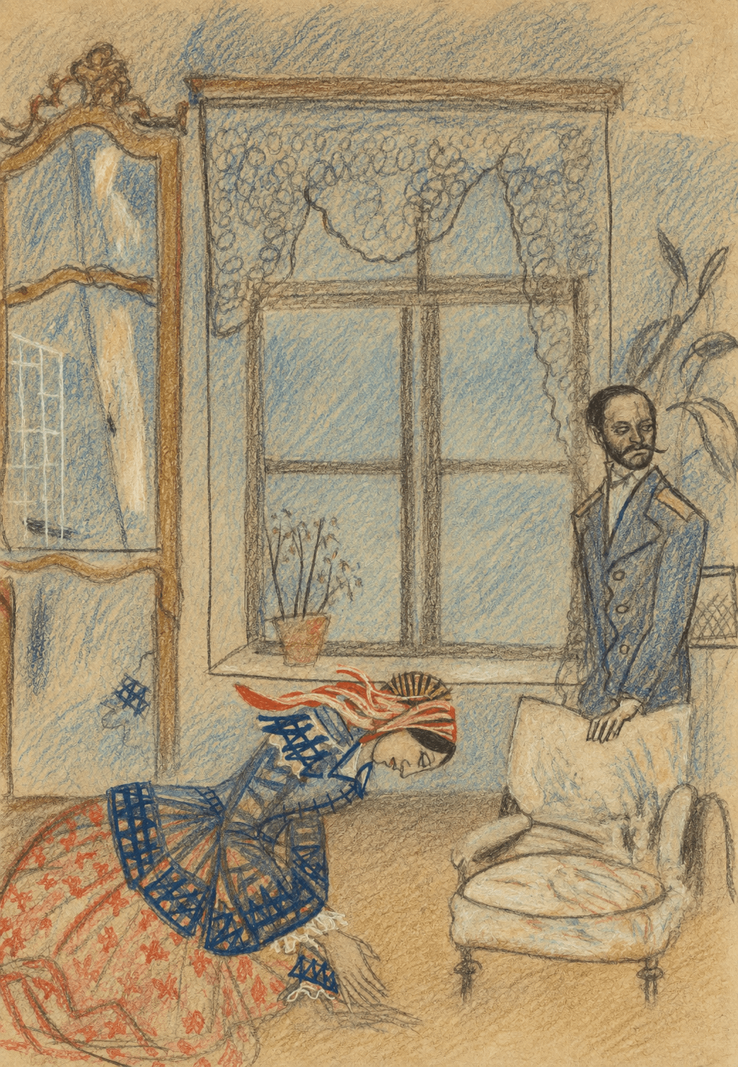 Study of Katerina bowing low at the left, with Dmitri in uniform at the right, in a room with a tall mirror and curtained window.
