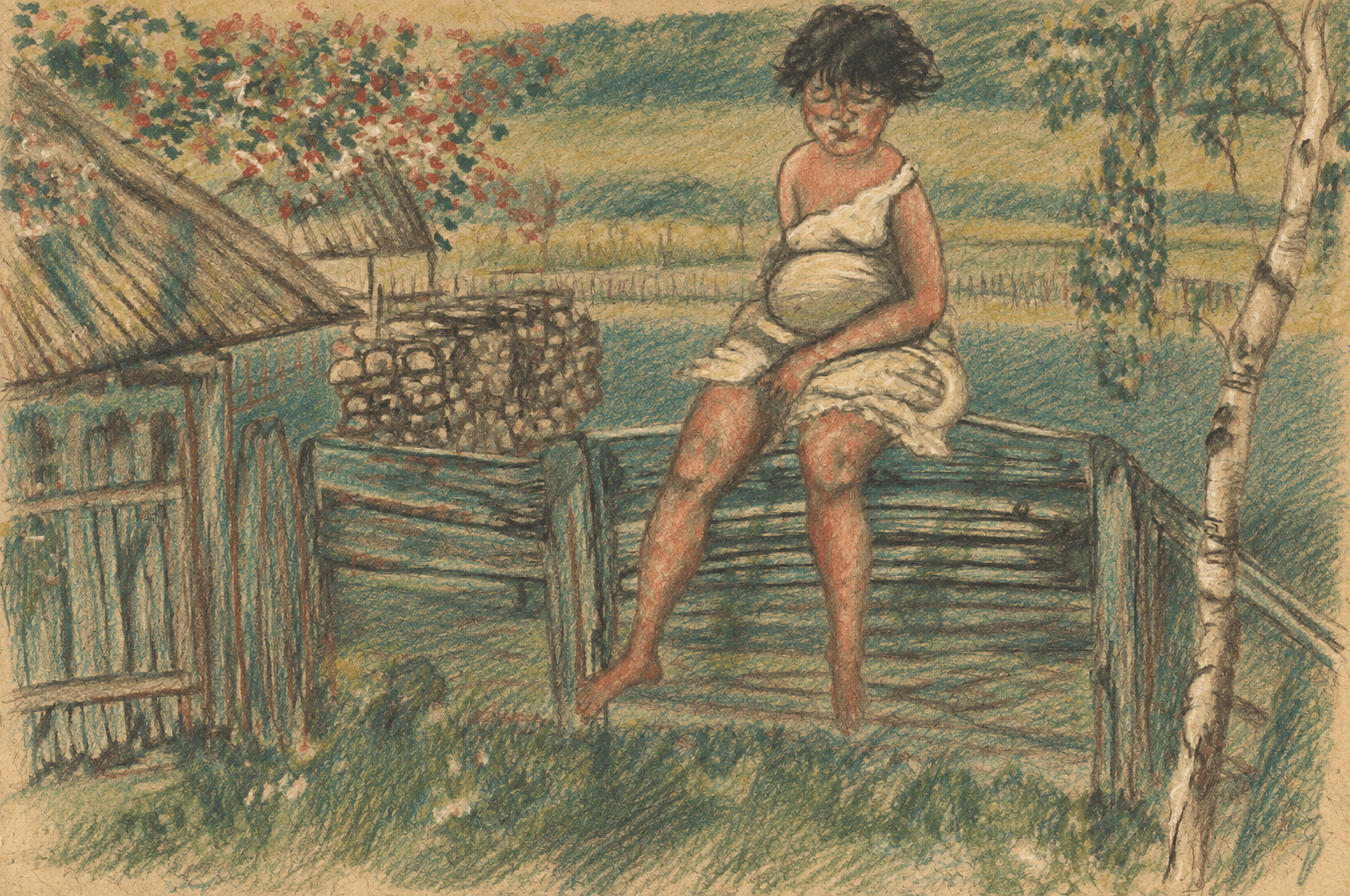 Study of barefoot Lizaveta seated on a rustic fence in a pale dress, with a thatched shed and a birch tree nearby.