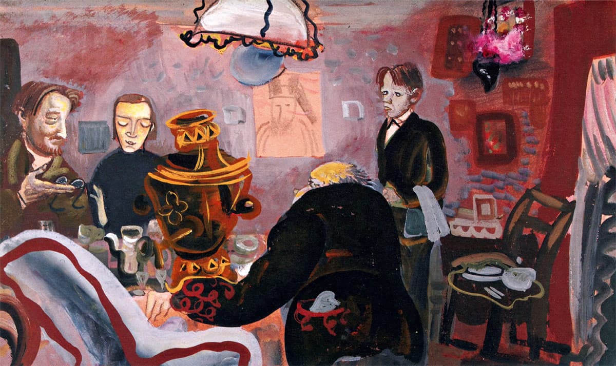 The Karamazov household gathers around a large samovar in a crowded red interior.