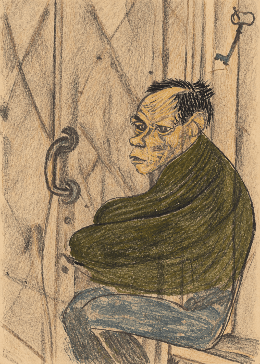 A drawn study of Smerdyakov seated by a wooden door, turning his sharp, wary face over the shoulder of a heavy olive coat.