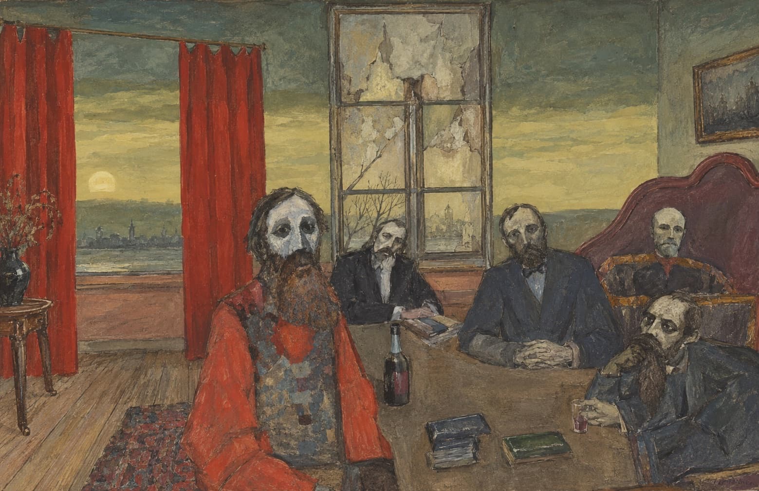 AI-generated study after illustration 11, Men around a table. Not by Grigoriev.