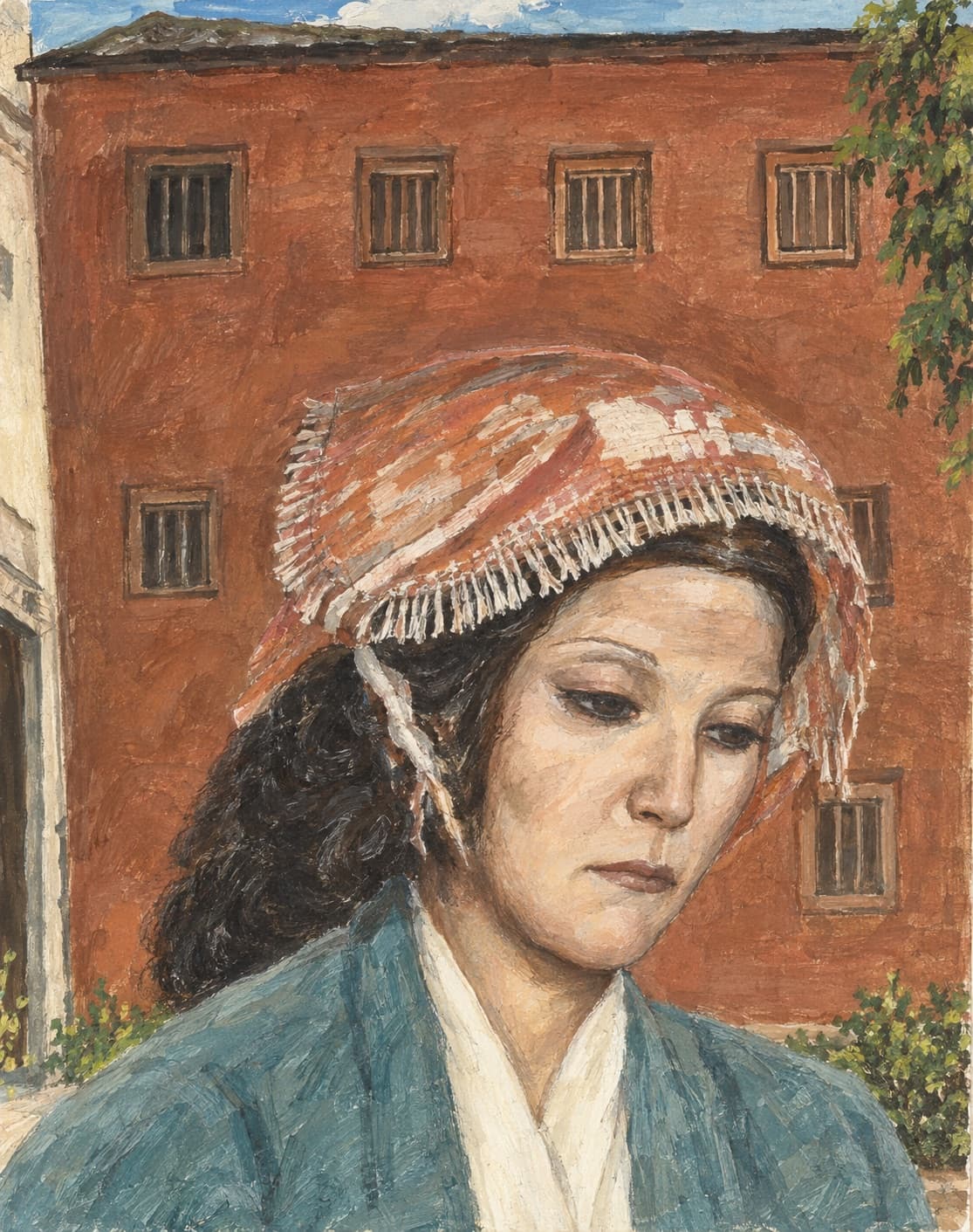 Study of Katerina Ivanovna, eyes lowered, in a fringed headscarf and a blue coat, before a red building with barred windows.