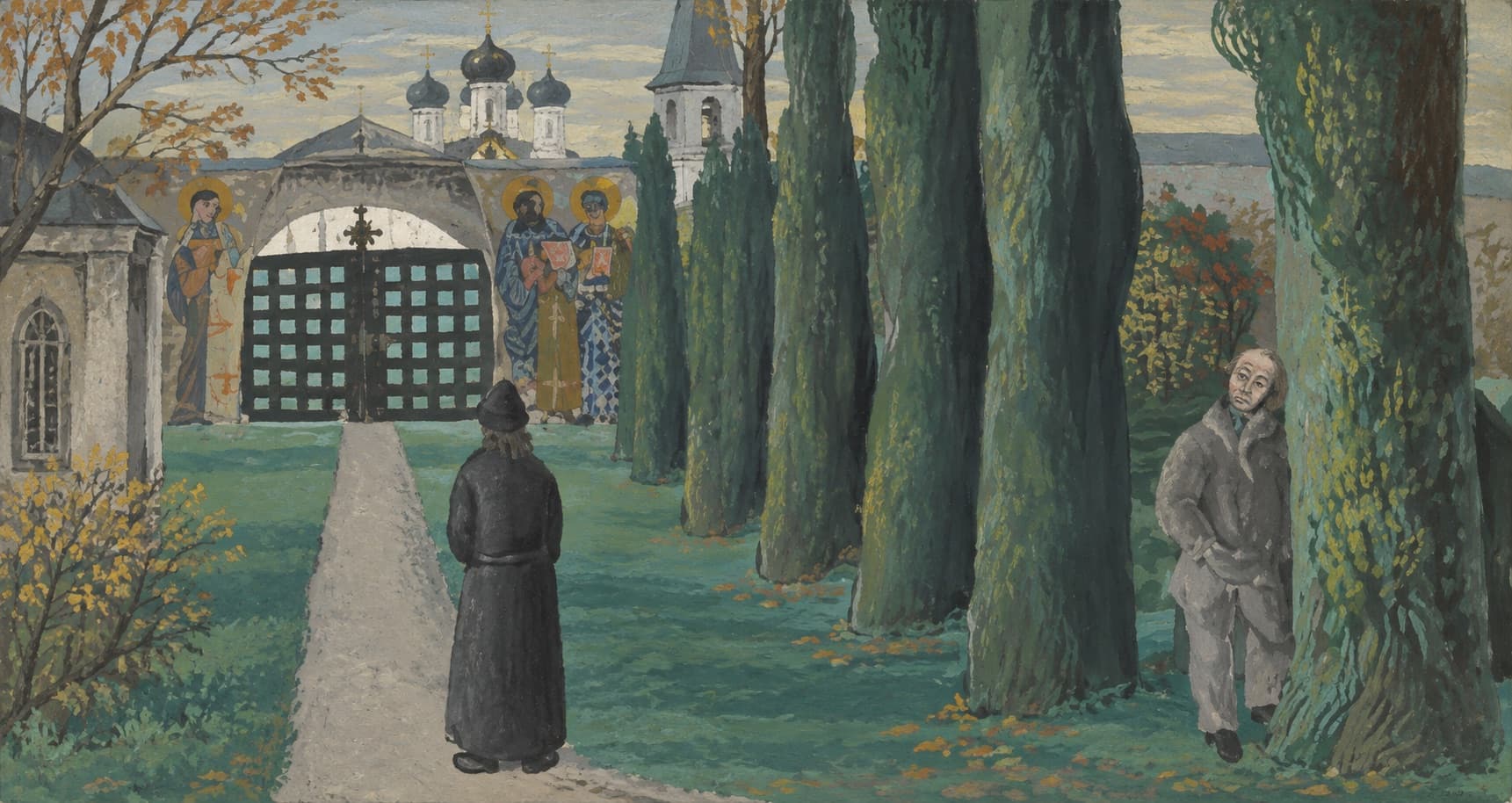 AI-generated study after illustration 20, Two men on a monastery path. Not by Grigoriev.