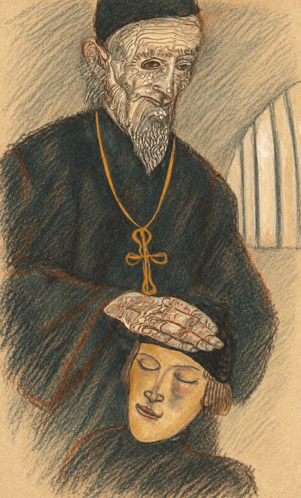 Study of the white-bearded elder Zossima resting his hand on the bowed head of the young Alyosha, both in dark robes.